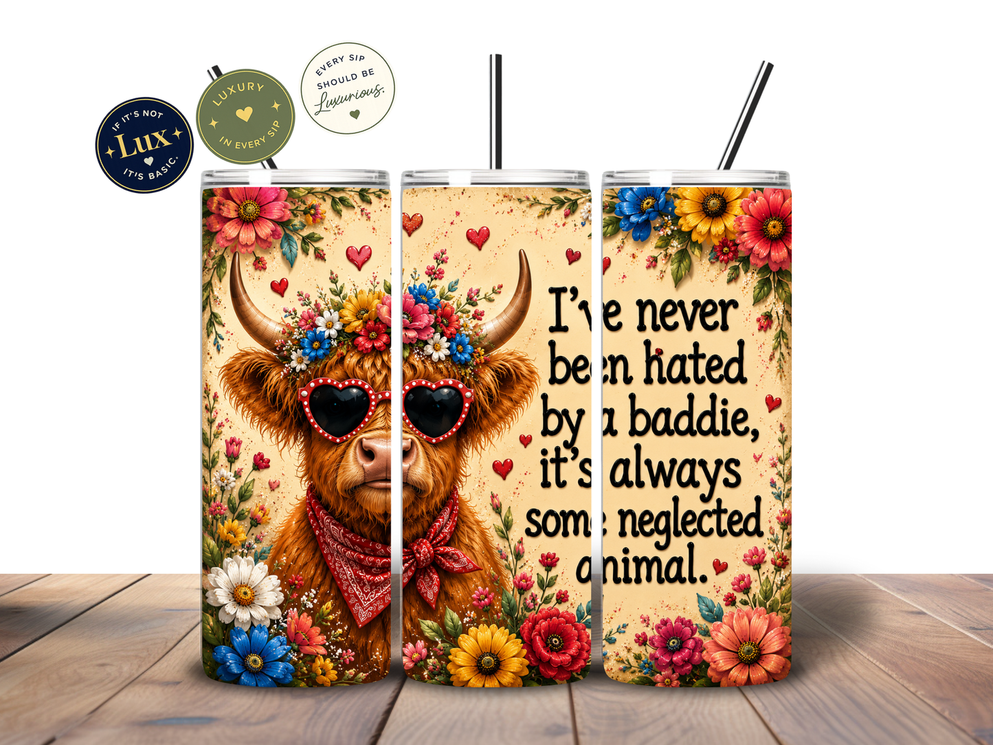 Highland Cow Baddie 20 oz Skinny Tumbler | Funny Cow Tumbler | Floral Highland Cow Cup | Sarcastic Gift for Her