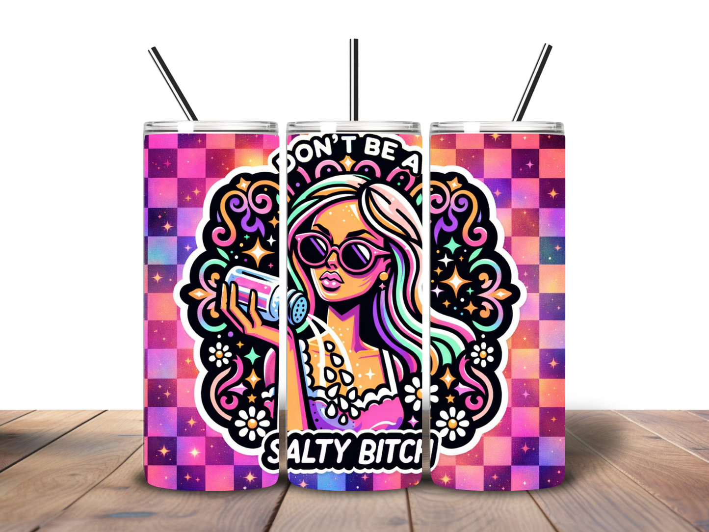 Don’t Be a Salty Bitch 20oz Skinny Tumbler | Funny Sassy Tumbler | Retro Neon Checkered Cup | Boss Babe Gift | Sublimated Stainless Steel