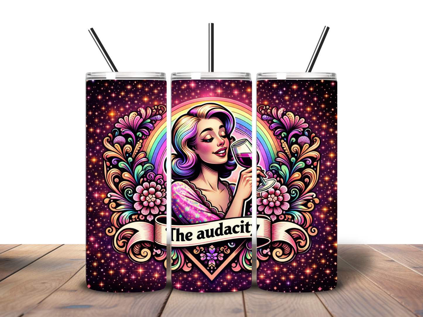 The Audacity 20oz Skinny Tumbler | Funny Wine Lover Tumbler | Retro Glam Rainbow Cup | Sassy Statement Drinkware