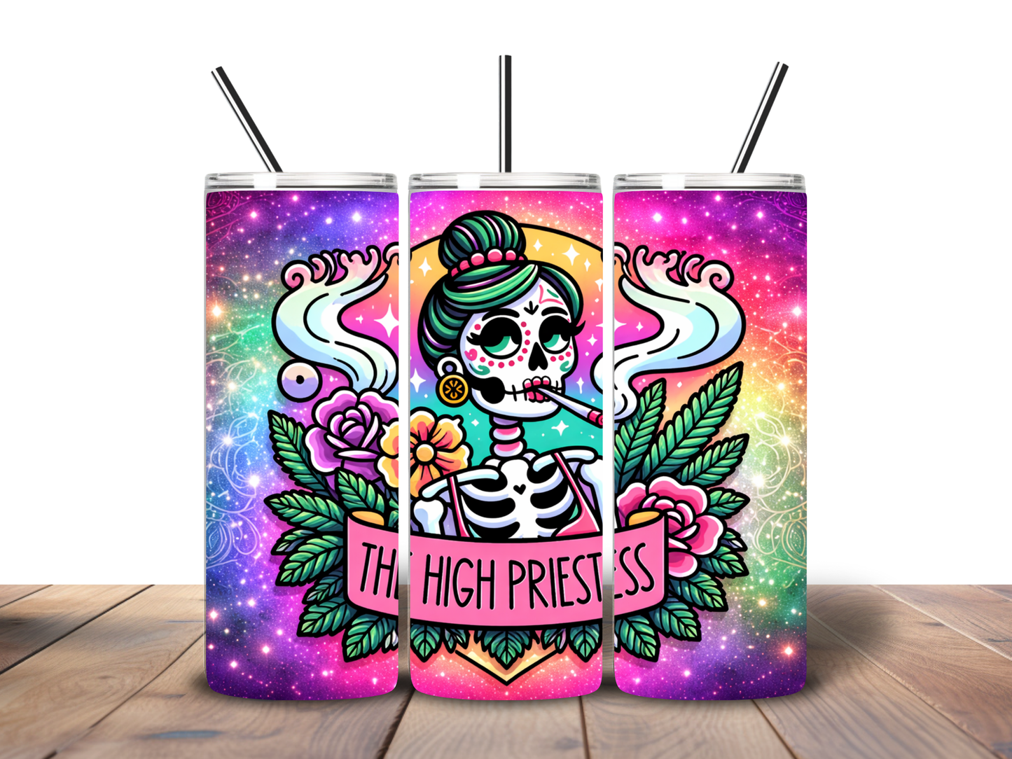 The High Priestess 20oz Skinny Tumbler | Spooky Stoner Tumbler | Gothic Sugar Skull Cup | Cannabis Goddess Drinkware