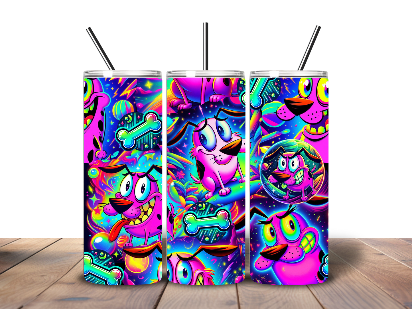 Neon Cartoon Dog Tumbler – 20 oz Colorful Psychedelic Puppy Skinny Tumbler