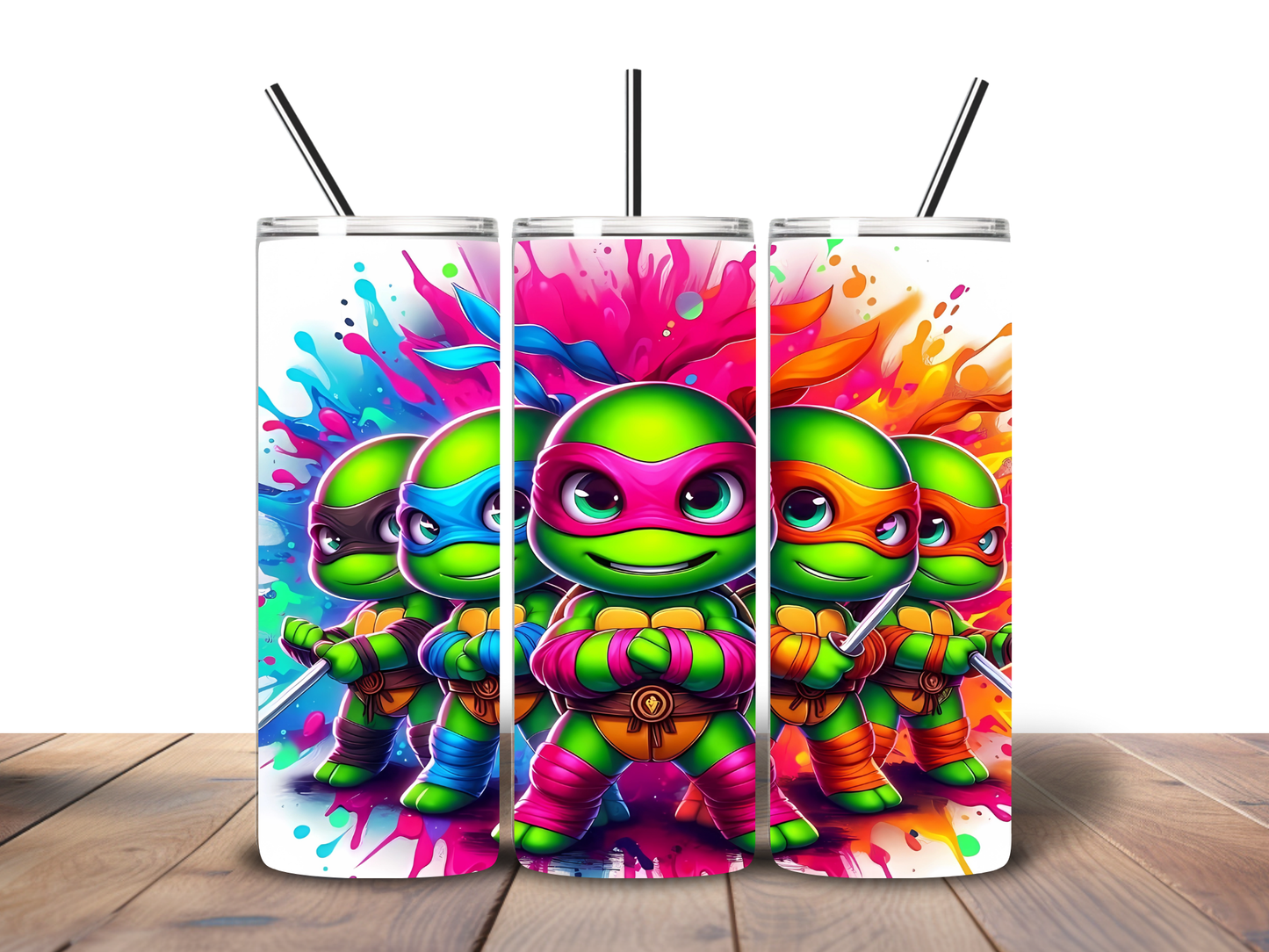 Color Splash Ninja Turtles 20oz Skinny Tumbler | Sublimated Stainless Steel Cup | Cartoon Neon Tumbler | Gift for Kids & Adults