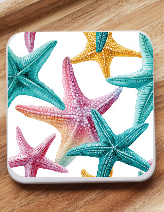 Tropical Coastal Coaster Set (5 Pack) | Starfish, Seashells, Surfboards & Beach Vibes