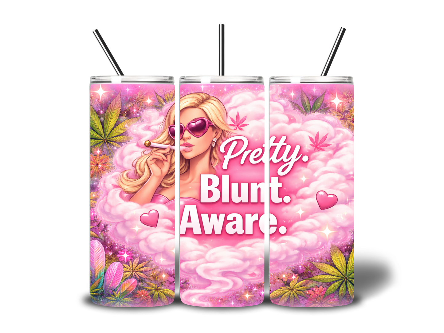 Pretty. Blunt. Aware. 20oz Skinny Tumbler | Funny Cannabis Tumbler | Pink Boujee Glitter Cup | Sassy Statement Drinkware