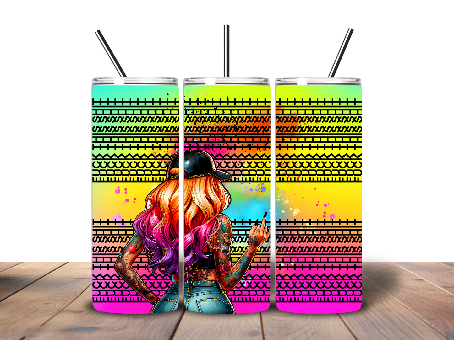 Neon Rebel Girl Tumbler – 20 oz Colorful Tattooed Cowgirl Skinny Tumble
