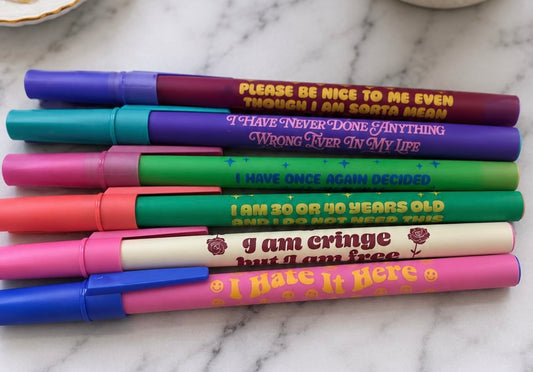 Sassy Statement Gel Pens | Funny Retro Quote Pens | Colorful Black Ink Pens