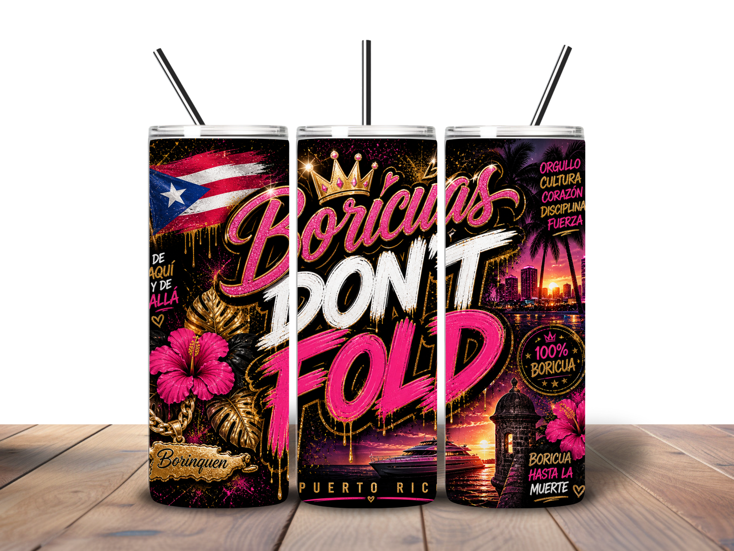 Boricua Don’t Fold 20 oz Skinny Tumbler | Puerto Rican Pride | Sublimation Tumbler | Glossy Finish
