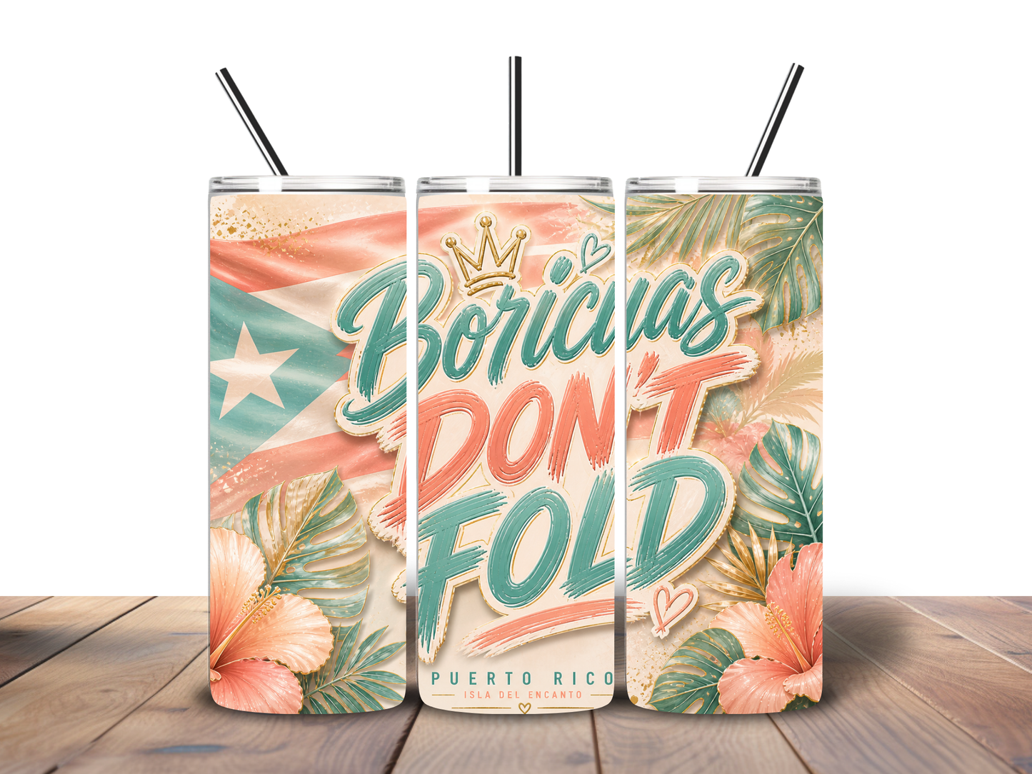 Boricua Don’t Fold 20 oz Skinny Tumbler | Puerto Rican Pride | Sublimation Tumbler | Glossy Finish